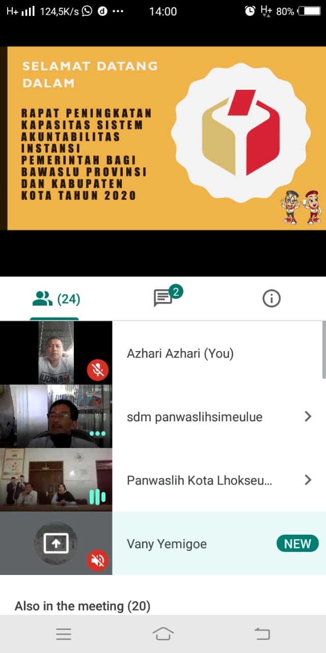 Panwaslih Aceh Selatan ikut Meeting via daring ( googoe meet ) terkait Peningkatan Kapasitas SAKIP 2020